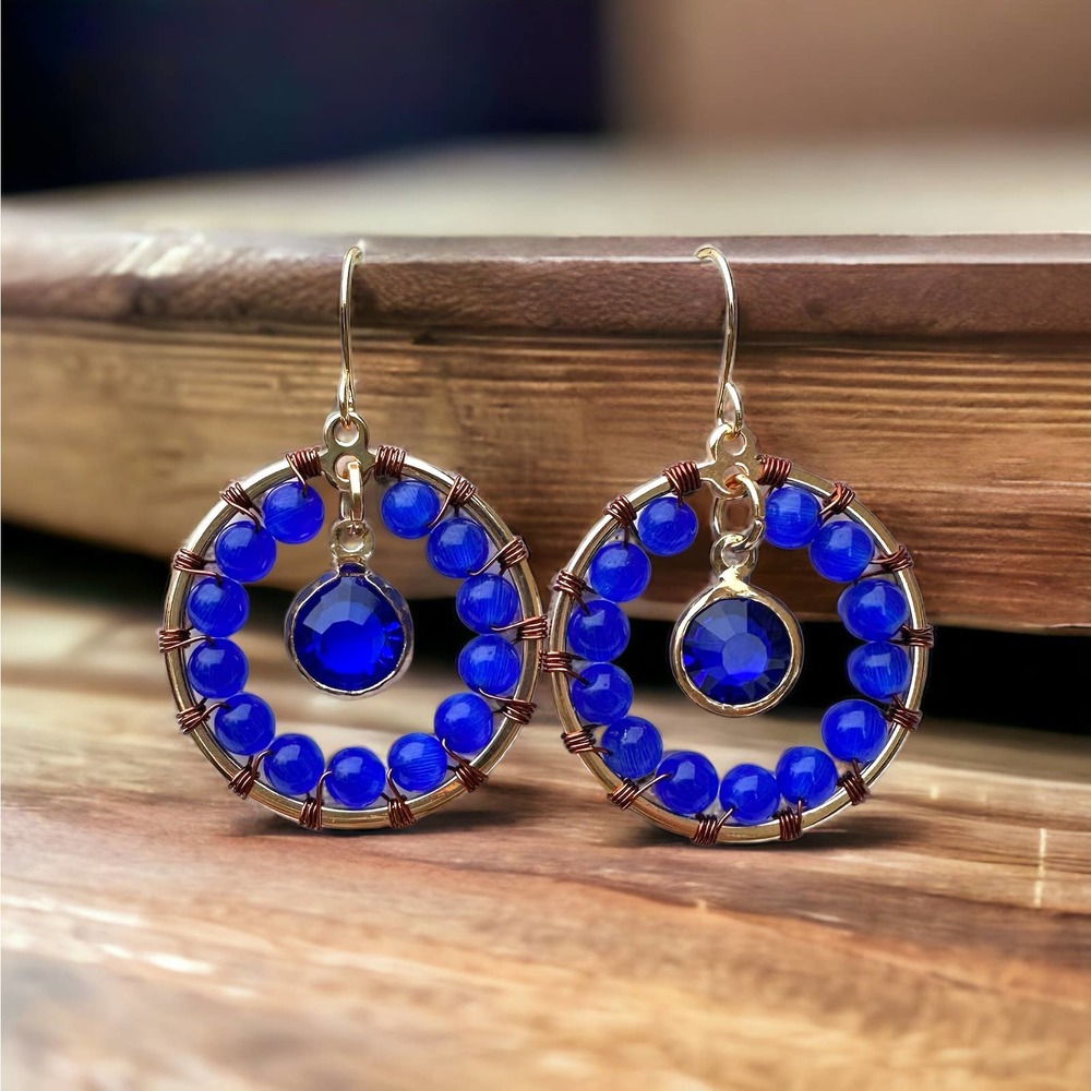 Handmade Azure Cat's Eye Beaded Hoop Earrings - 18K Gold Plated & Hypoallergenic